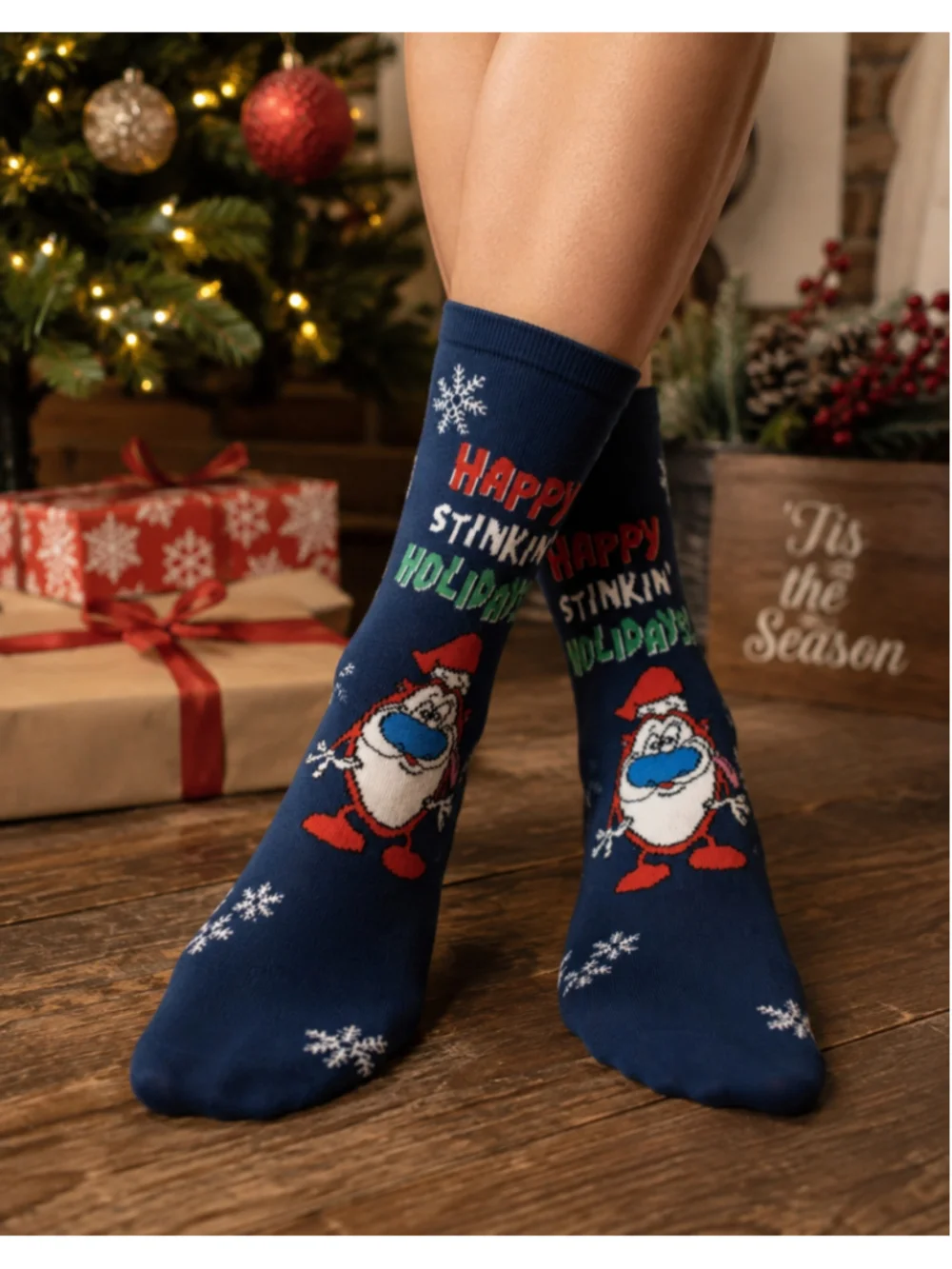 'Happy Stinkin Holiday' Christmas Ren & Stimpy Nickelodeon Crew Socks - One Pair